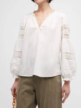 Velvet White Lace-Inset Peasant Blouse